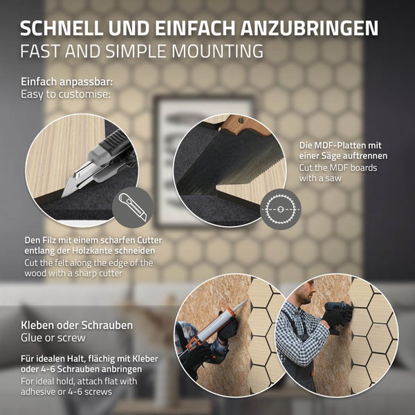 ML-Design 2er Set Akustikpaneele 66x81x2cm für 1m² – Eiche, MDF Akustikplatten in Hexagon-Holzoptik, Wandpaneele zur Schalldämmung, Wandverkleidung für Büro, Studio, Schallschutz & Akustikbehandlung