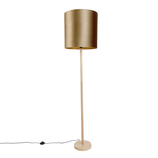 Moderne Stehleuchte mit zylindrischem Lampenschirm und schlankem Holzfuß inklusive Standfuß und Kabel mit Trittschalter.