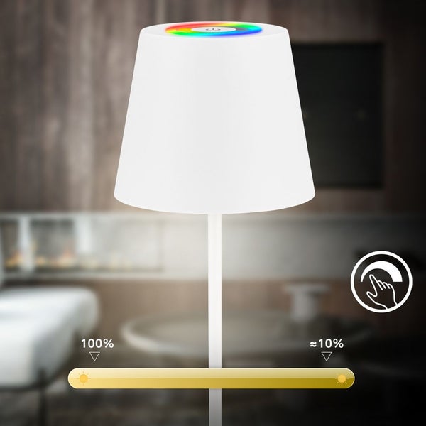 Briloner Calida 3 in 1 RGBW LED Tischlampe kabellos IP44, Dimmbar, Touch, Höhenverstellbar, Spritzwasserschutz, Weiß, 36 x Ø10,5 cm