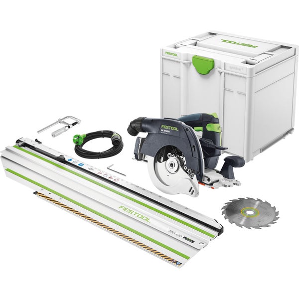 Festool Handkreissäge HK 55 EBQ Set mit Kappschiene FSK 420, Sägeblatt, Schraubzwinge, Netzkabel und Systainer Werkzeugkoffer.