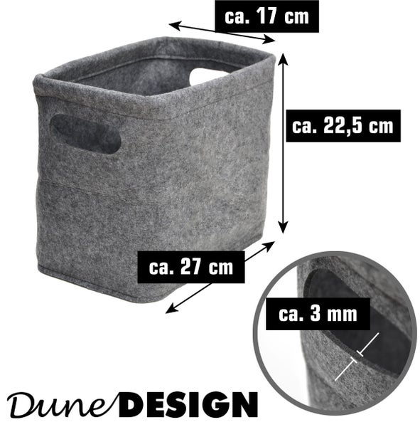 Filzkorb von DuneDesign, Maße circa 27 mal 17 mal 22,5 Zentimeter, Materialstärke circa 3 Millimeter. DuneDesign Logo.