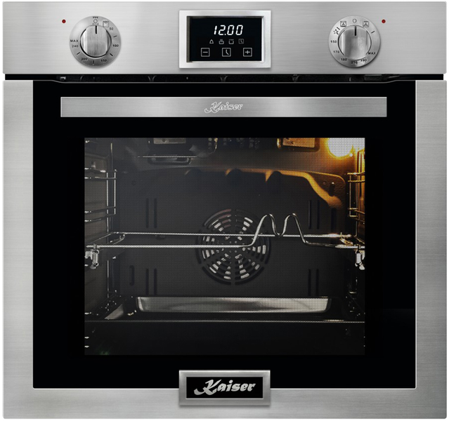 Einbau-Backofen von Kaiser mit Edelstahlfront, digitalem Display und Drehschaltern.