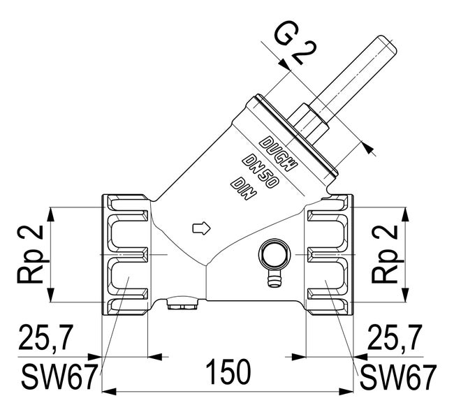 Technische Zeichnung eines Schrägsitzventils DN 50 mit Maßen wie Rp 2 Zoll, Schlüsselweite 67 und einer Länge von 150 Millimeter.
