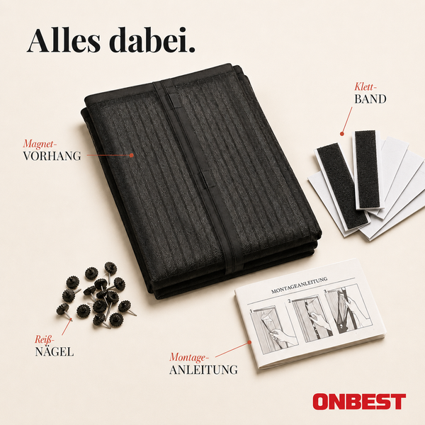 Onbest Insektenschutz-Magnetvorhang Set mit Magnetvorhang, Klettband, Reißnägeln und Montageanleitung. Onbest Logo.