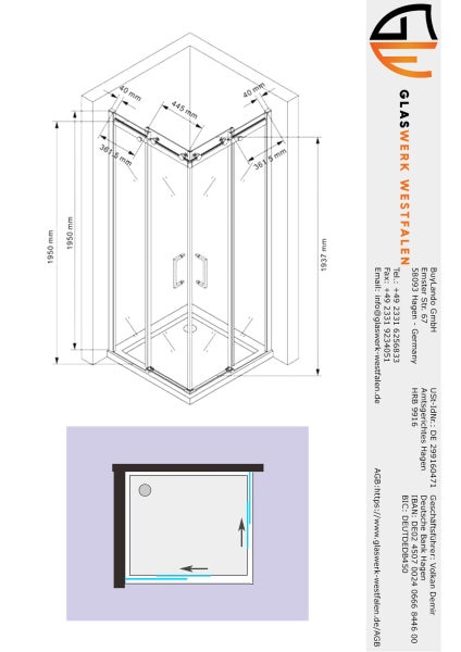 Technische Zeichnung einer Duschkabine mit Maßangaben