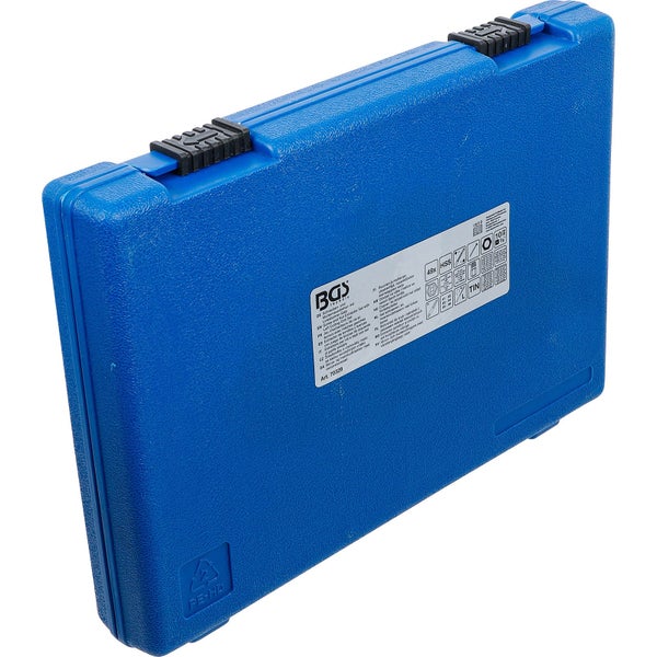 Blauer Werkzeugkoffer aus Kunststoff für einen Schrauben- und Mutternausdreher-Satz mit Linksbohrer von BGS technic.