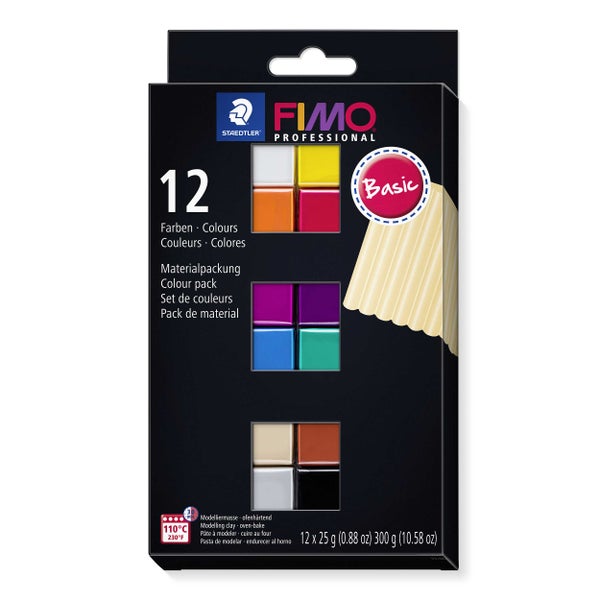 Staedtler Fimo Professional Materialpackung Basic mit 12 ofenhärtenden Modelliermassen zu je 25 Gramm. Staedtler Logo.