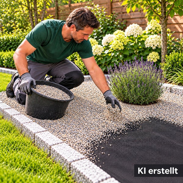 Mann bei der Gartenarbeit beim Ausbringen von Kies auf ein Unkrautvlies im Garten neben einer Lavendelpflanze.