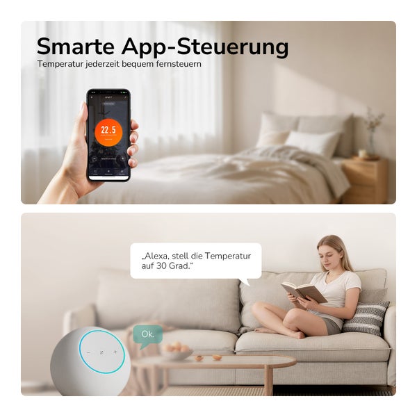 Smarte App-Steuerung und Sprachsteuerung für Heizungsthermostat zur komfortablen Temperaturregelung per Smartphone und Sprachbefehl in der Wohnung.