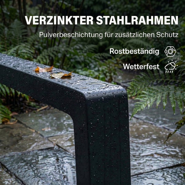 Verzinkter Stahlrahmen mit Pulverbeschichtung, rostbeständig und wetterfest, Nahaufnahme mit Wassertropfen im Außenbereich.