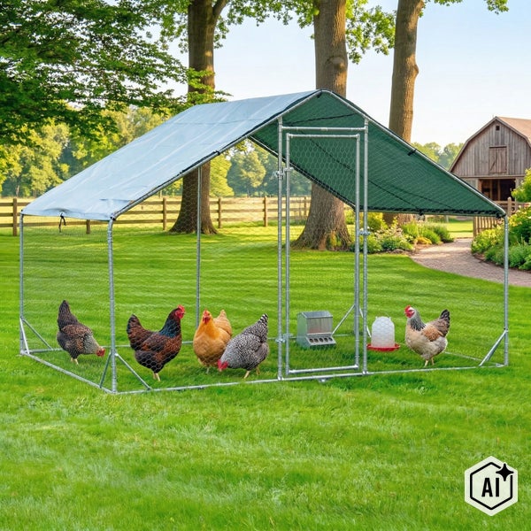 Großes Hühnergehege aus Metall mit Schutzdach und Drahtgitter auf einer Wiese mit Hühnern, Futtertrog und Tränke.