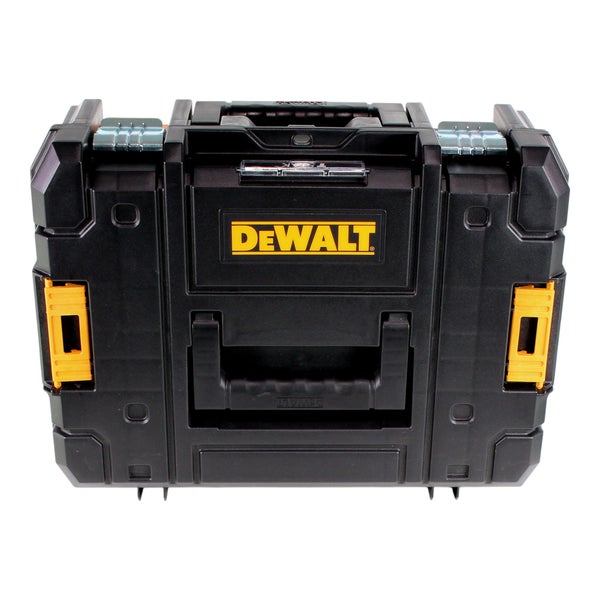 DeWALT Werkzeugbox TSTAK aus robustem Kunststoff mit Metallschließen und Stapelclips.