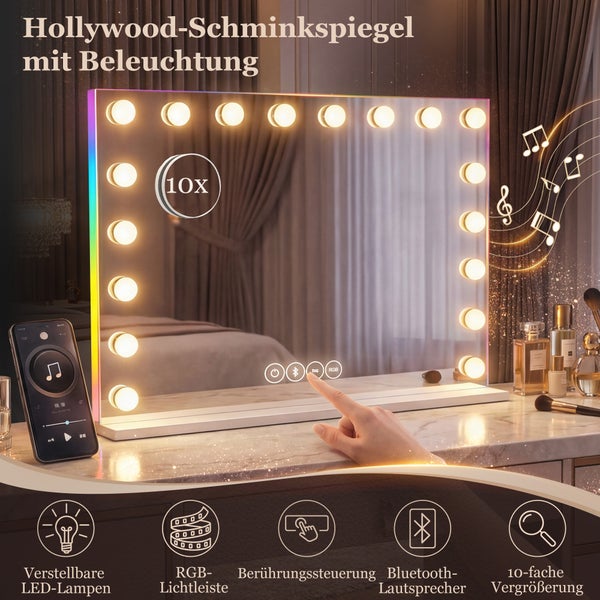 Hollywood-Schminkspiegel mit LED-Beleuchtung, RGB-Lichtleiste, Berührungssteuerung, Bluetooth-Lautsprecher und zehnfacher Vergrößerung.