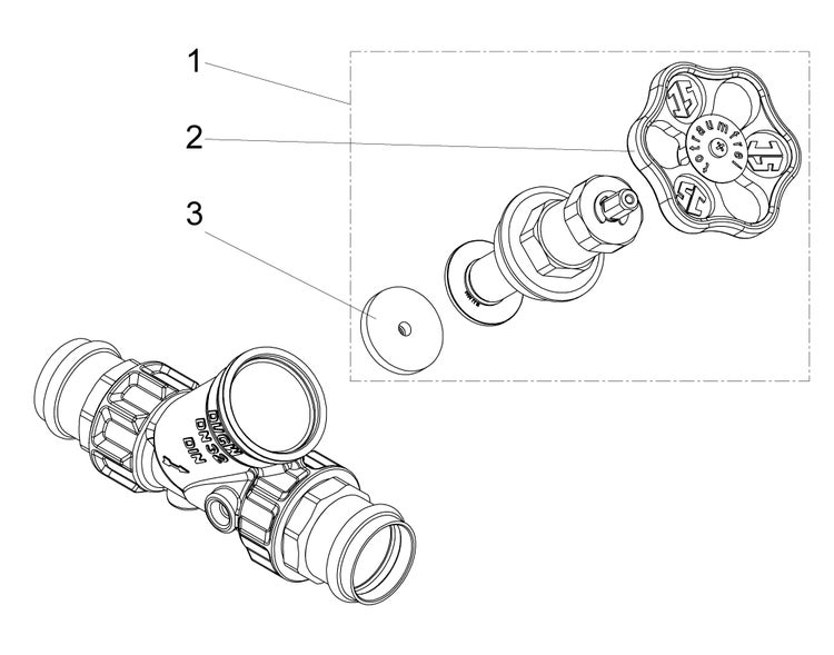 Technische Zeichnung eines totraumfreien Ventils mit Explosionsdarstellung von Handrad, Oberteil und Dichtung sowie Ventilgehäuse Nenndurchmesser 32.