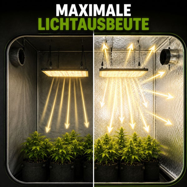 Vergleich der Lichtreflexion in einer Growbox mit und ohne reflektierende Innenbeschichtung für maximale Lichtausbeute bei Pflanzen.