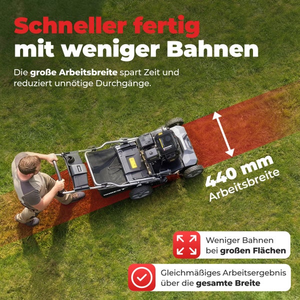 Ein Mann bedient einen Rasenmäher auf einer Grünfläche, wobei die Arbeitsbreite von 440 Millimetern grafisch hervorgehoben ist.