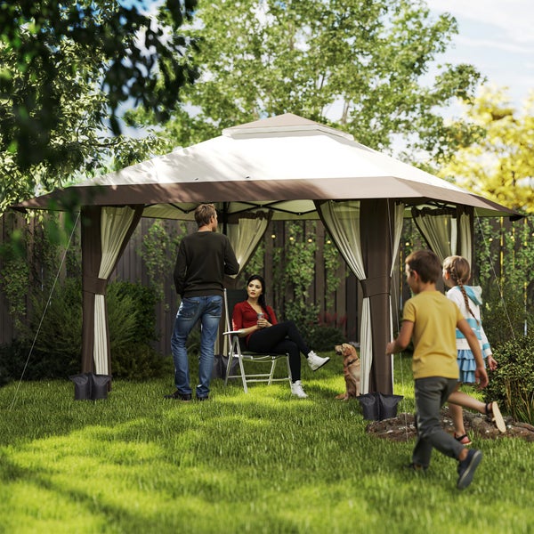 Outsunny Pavillon 4x4m Wasserdicht Höhenverstellbar Pop-up Faltpavillon mit Netzwänden UV 50+ Faltbar Partyzelt Gartenzelt mit Tragetasche Sandsäcke Gartenpavillon für Camping Garten Festival, Beige
