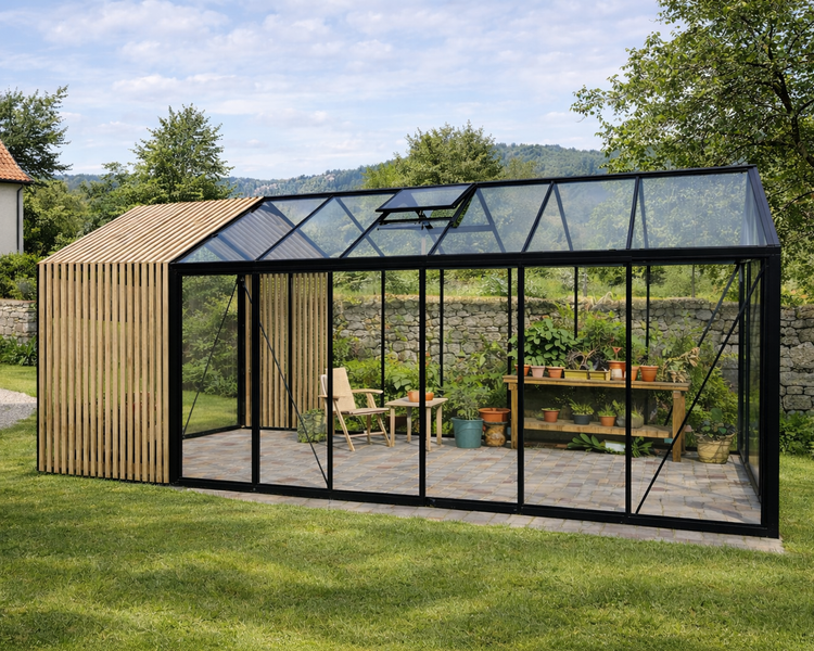 Modernes Gewächshaus mit schwarzem Metallrahmen, Glaswänden und einem angebauten Holzlatten-Unterstand auf einer Rasenfläche im Garten.