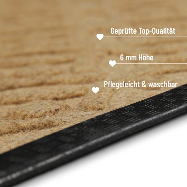 Fußmatte mit 6 Millimeter Höhe, pflegeleicht, waschbar und in geprüfter Qualität.