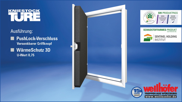 Kniestocktür mit Wärmeschutz 3D und PushLock Verschluss, U-Wert 0,75, inklusive SHI Produktpass und 15 Jahre Funktionsgarantie von Wellhöfer.