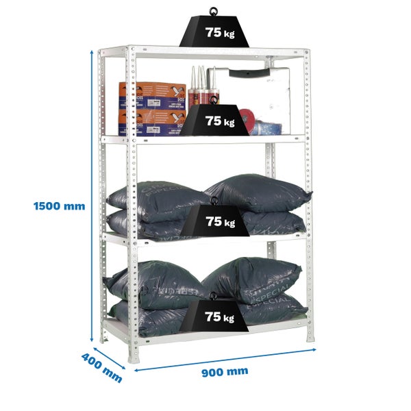 Metallregal mit 4 Böden, Höhe 1500 Millimeter, Breite 900 Millimeter, Tiefe 400 Millimeter, Tragkraft 75 Kilogramm pro Boden.