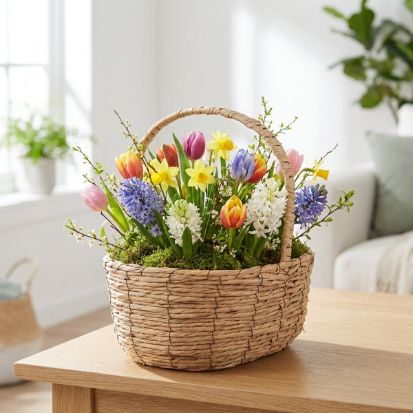 Frühlingsblumenarrangement mit Hyazinthen, Narzissen und Tulpen in einem geflochtenen Weidenkorb auf einem Holztisch.