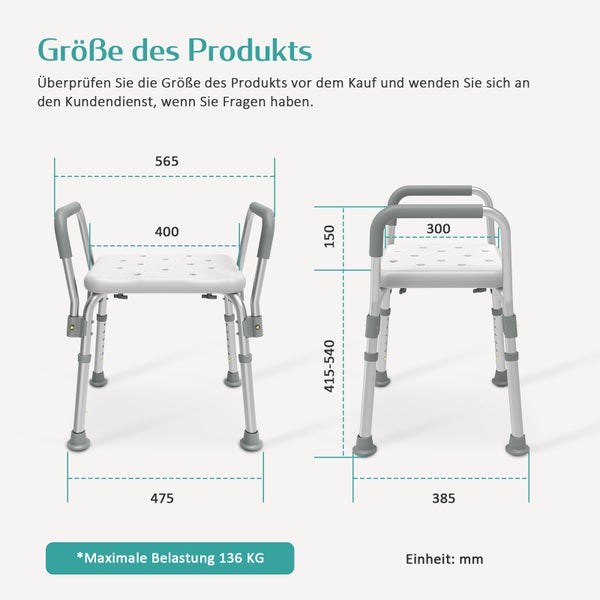EMKE Duschhocker mit Abnehmbarer Armlehne, Anti-Rutsch Duschstuhl Höhenverstellbar, Badhocker Max. Tragfähigkeit 136 kg - Badhocker für senioren