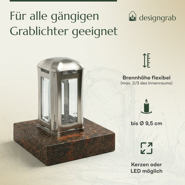 Grablampe aus Metall auf einem Granitsockel für gängige Grablichter mit flexibler Brennhöhe und für Kerzen oder LED Leuchten geeignet.