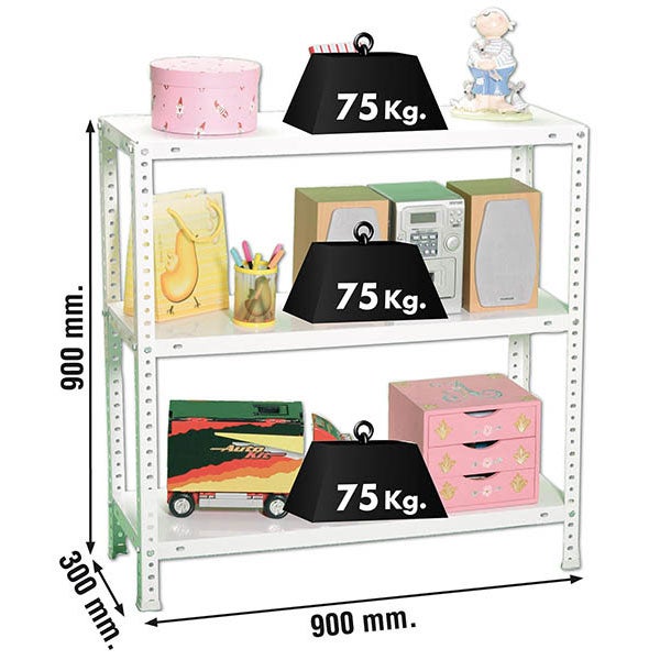 Weißes Metallregal mit 3 Böden, Tragkraft 75 Kilogramm pro Boden, Höhe 900 Millimeter, Breite 900 Millimeter, Tiefe 300 Millimeter.