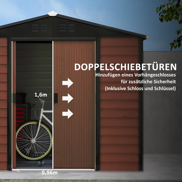 Outsunny Gerätehaus 4,4 m², Gartenhaus mit Pultdach, Schiebetür, Fundament, Einfach Montage 240 x 206 x 198 cm, Geräteschuppen aus Verzinkter Stahl, wetterfest, für Garten, Teak
