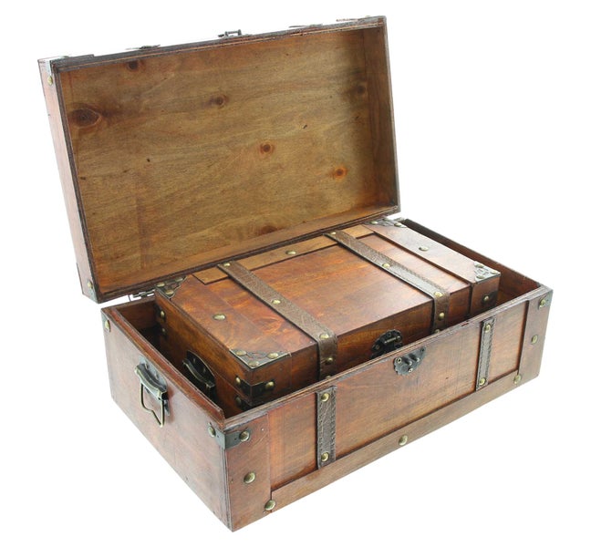 FRANK FLECHTWAREN | Truhe Schatzsuche, 2er Set, HOLZ, 30 x 18 x 11 cm, 40 x 24 x 16 cm