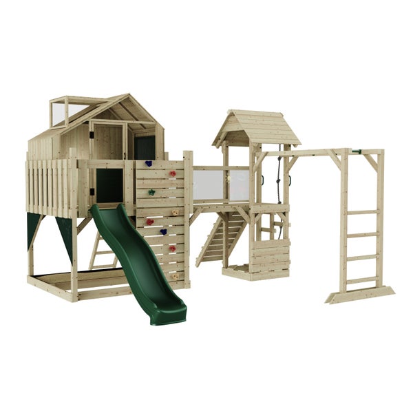 Spielplatz aus Holz mit Rutsche, Kletterwand, Leiter und Schaukel