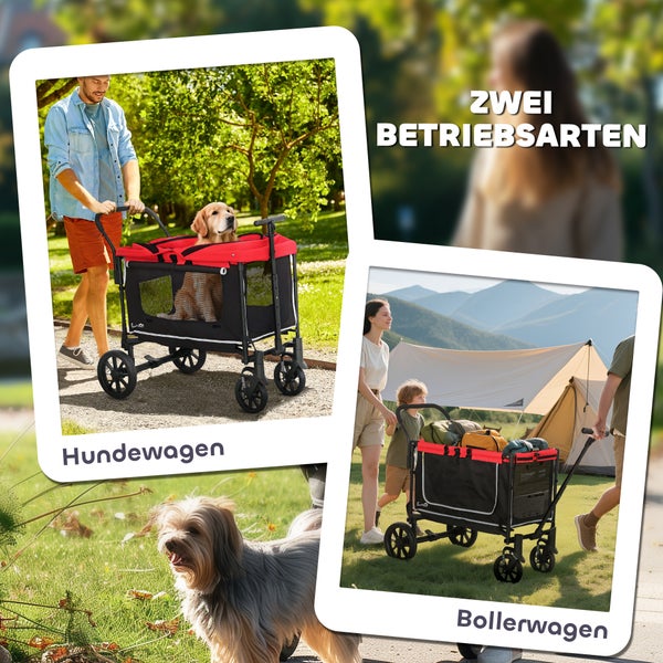 Zwei Bilder zeigen einen Bollerwagen: Einmal als Hundewagen mit Hund und einmal als Bollerwagen mit Gepäck.