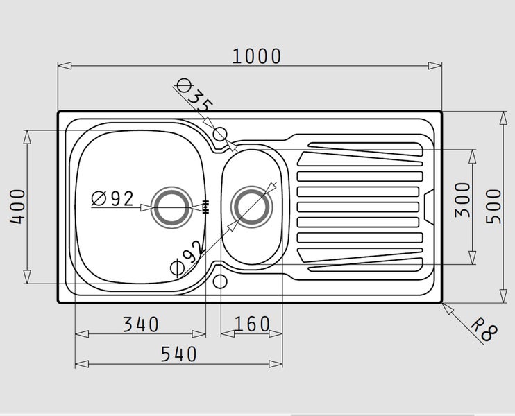 Technische Zeichnung einer Küchenspüle mit Abmessungen