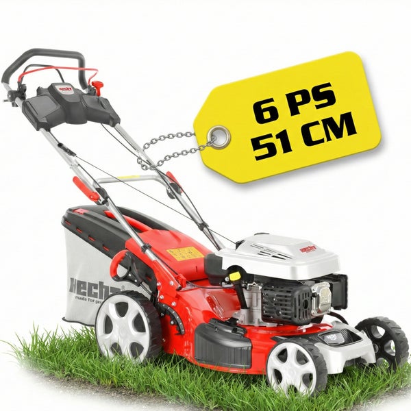 Roter Hecht Benzin-Rasenmäher mit 6 Pferdestärken und 51 Zentimeter Schnittbreite, inklusive Fangkorb und Radantrieb.