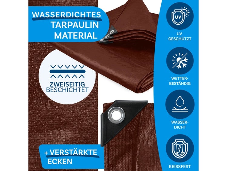 FLOORDIREKT Abdeckplane - Wasserdichte Plane - mit Ösen - Schutzplane - 140 g/m² - 3 x 5 m - Braun