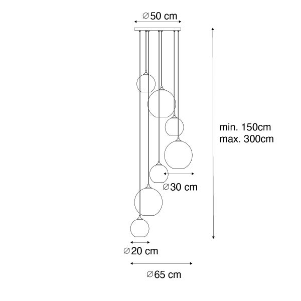 Technische Zeichnung einer Pendelleuchte mit den Maßen Höhe minimal 150 Zentimeter, maximal 300 Zentimeter, Lampenschirmdurchmesser 20, 30 und 50 Zentimeter.