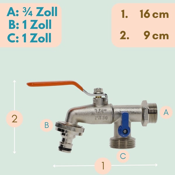 Wasserhahn mit den Maßen: A: Dreiviertel Zoll, B: 1 Zoll, C: 1 Zoll, Länge 16 cm, Höhe 9 cm.