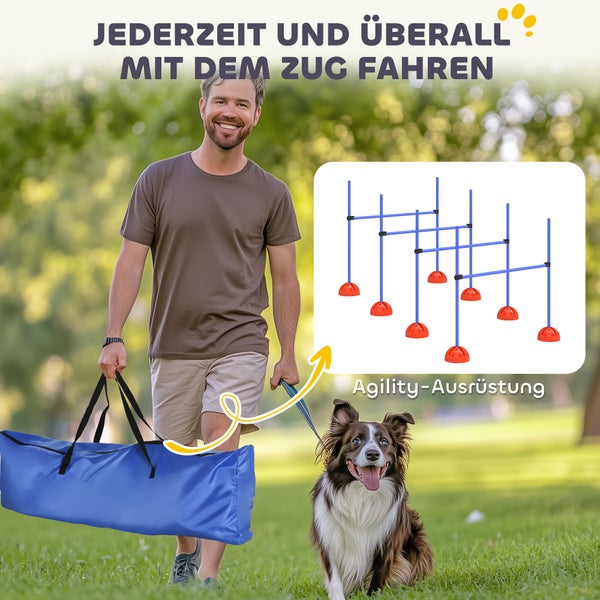 Mann mit Hund im Park trägt Tasche für Agility-Hürdenset. Inset zeigt aufgebaute Hürden mit Stangen und Standfüßen für Hundetraining.