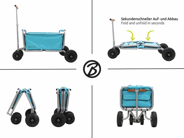 Faltbarer Bollerwagen mit Rädern in verschiedenen Ansichten