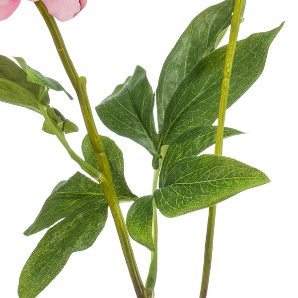 Künstliche Pfingstrose in Rosa mit einer Blüte, einer Knospe und grünen Blättern am Stiel.