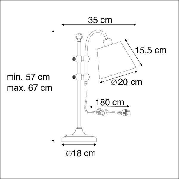 Technische Zeichnung einer Tischleuchte mit Maßangaben
