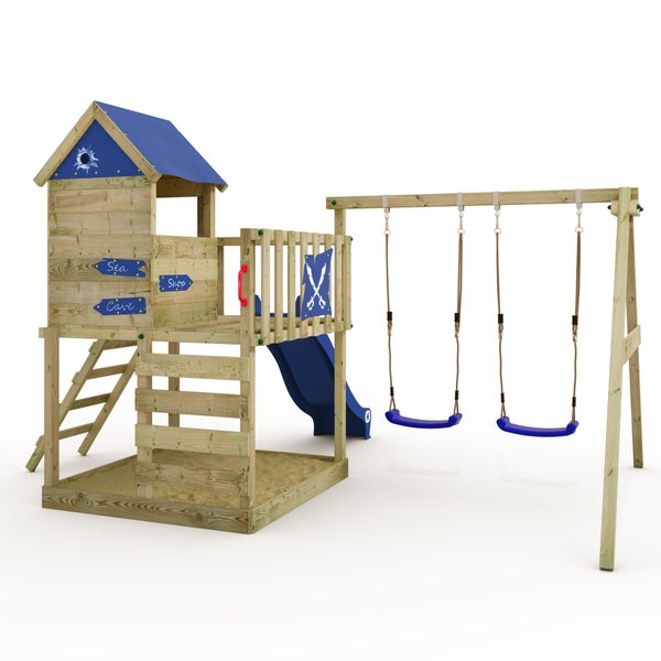 WICKEY Spielturm Klettergerüst Smart Cave mit Schaukel und Rutsche, Baumhaus mit Sandkasten, Kletterleiter und Spiel-Zubehör – blau