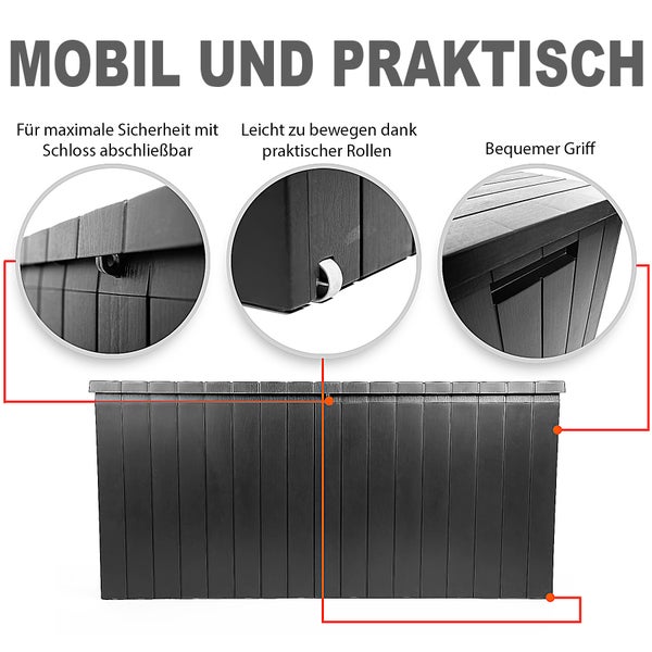 BigDean Gartenbox 270 L mit Rollen aus wetterfestem Kunststoff – Auflagenbox wasserdicht für outdoor geeignet – Kissenbox Made in Europe