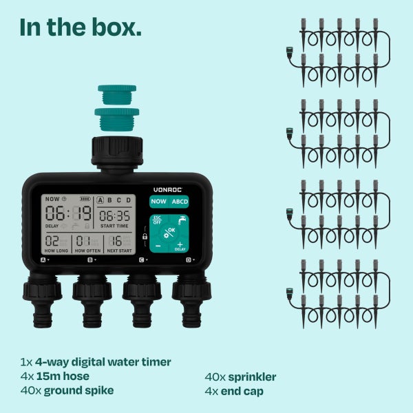 Vonroc digitaler Bewässerungscomputer mit vier Ausgängen sowie vier 15 Meter Schläuchen, 40 Erdspießen und 40 Sprinklern.