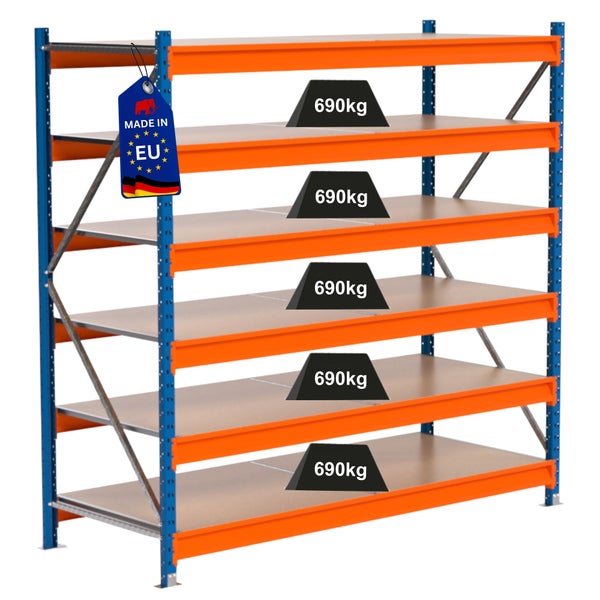 Lagerregal mit fünf Ebenen und einer Traglast von 690 Kilogramm pro Ebene