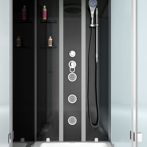 Duschpaneel mit drei Massagedüsen, verchromter Handbrause und Glasablagen in einer modernen schwarzen Duschkabine.