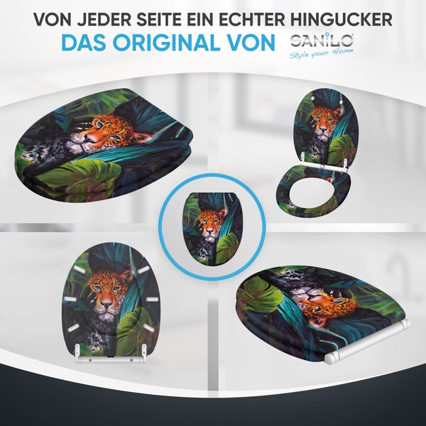 Sanilo Toilettensitz mit Leopard Motiv, verschiedene Ansichten des WC Sitzes inklusive Sanilo Logo.