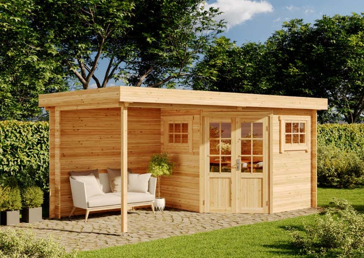 Alpholz 5-Eck Gartenhaus Mosel-28 mit Flachdach Gartenhaus aus Holz in natur, Holzhaus mit 28 mm Wandstärke inklusive Terrasse, Blockbohlenhaus mit Montagematerial imprägniert 5x2,5m