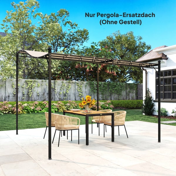 Pergola-Ersatzdach montiert auf einem Metallgestell über einer Gartensitzgruppe auf einer gepflasterten Terrasse.